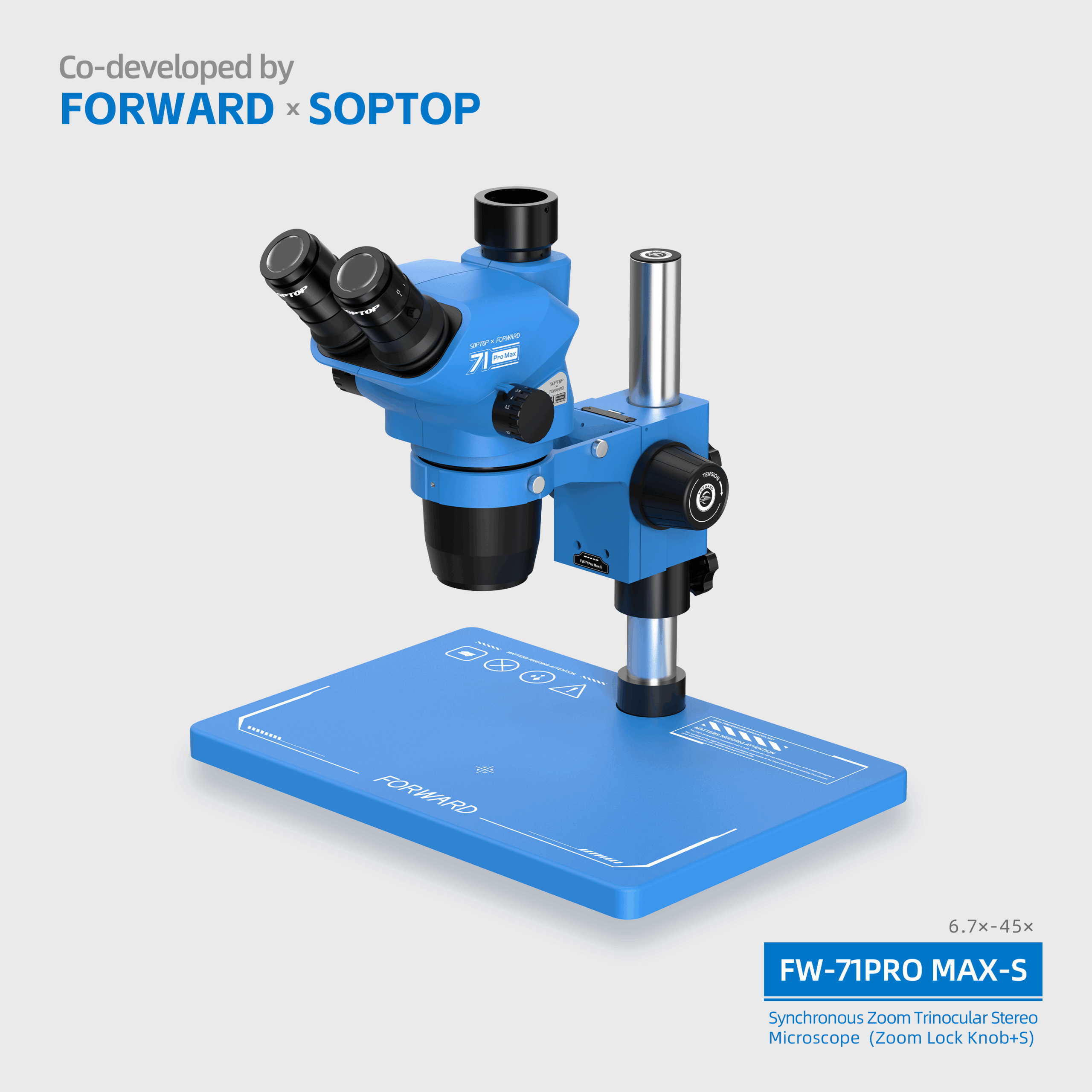 FW-71Promax-S Synchronous Zoom Trinocular Stereo Microscope (Zoom Lock Knob+Silicone Pad Base)