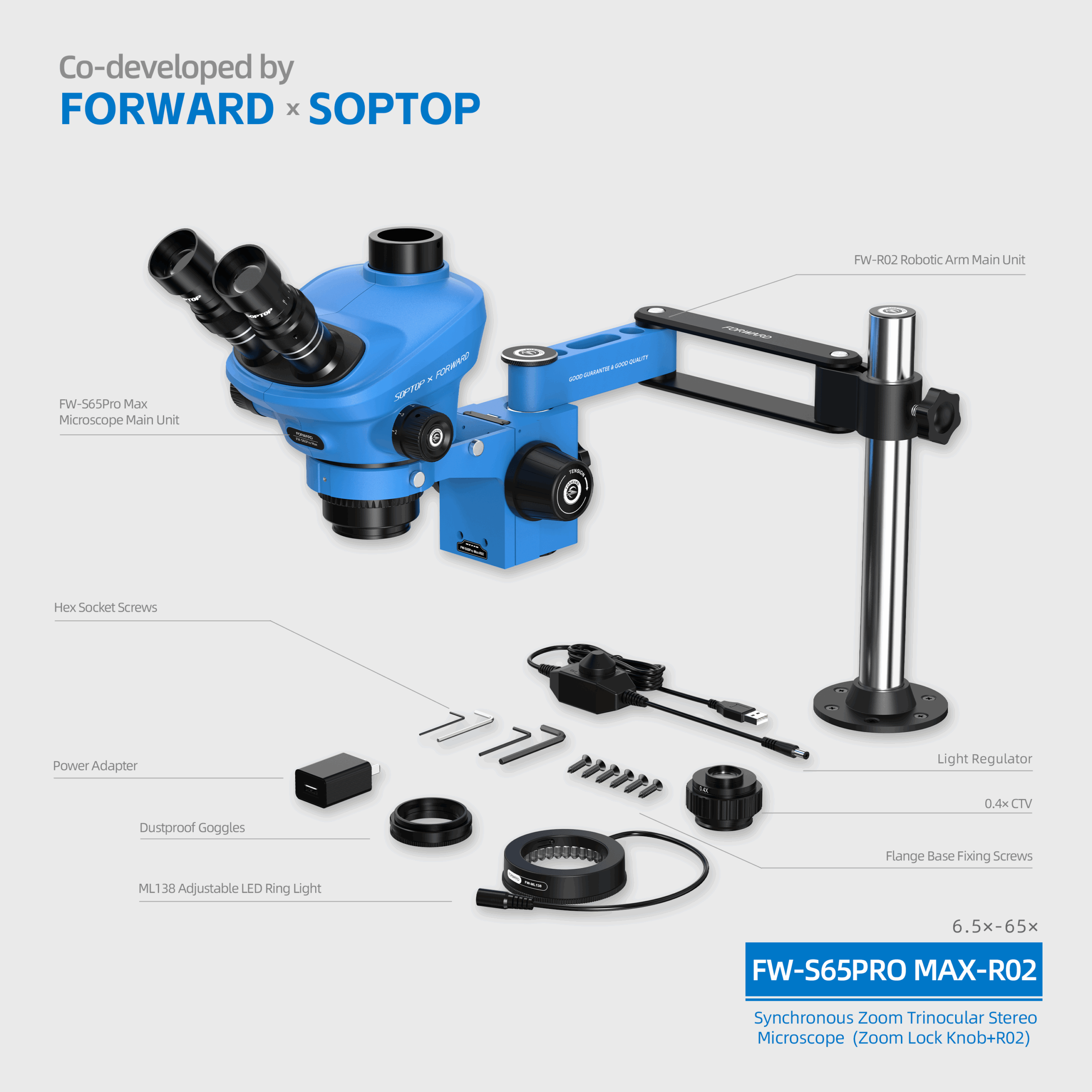 11 FW-S65Promax-R02 Synchronous Zoom Trinocular Stereo Microscope (Zoom Lock Knob+R02)