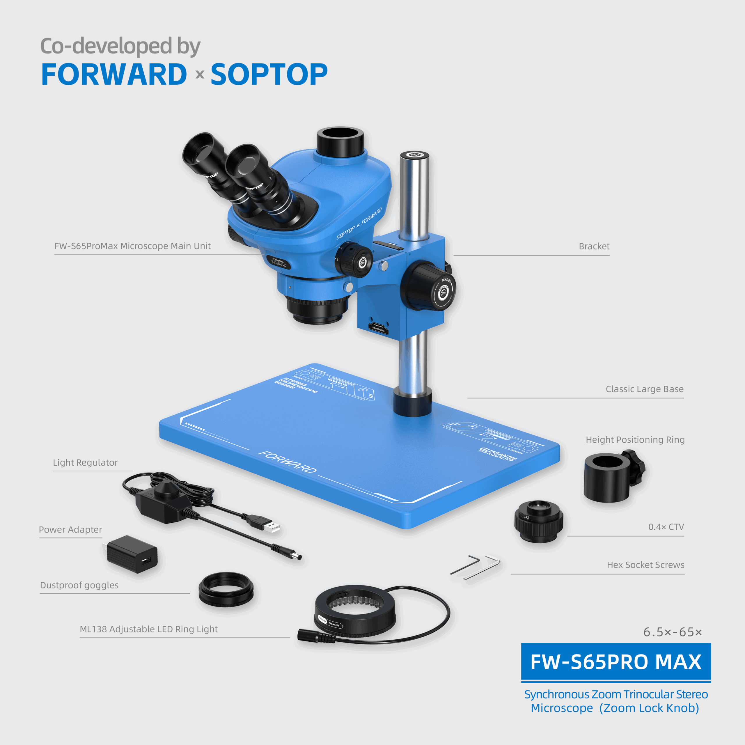 11 FW-S65Promax Synchronous Zoom Trinocular Stereo Microscope (Zoom Lock Knob)
