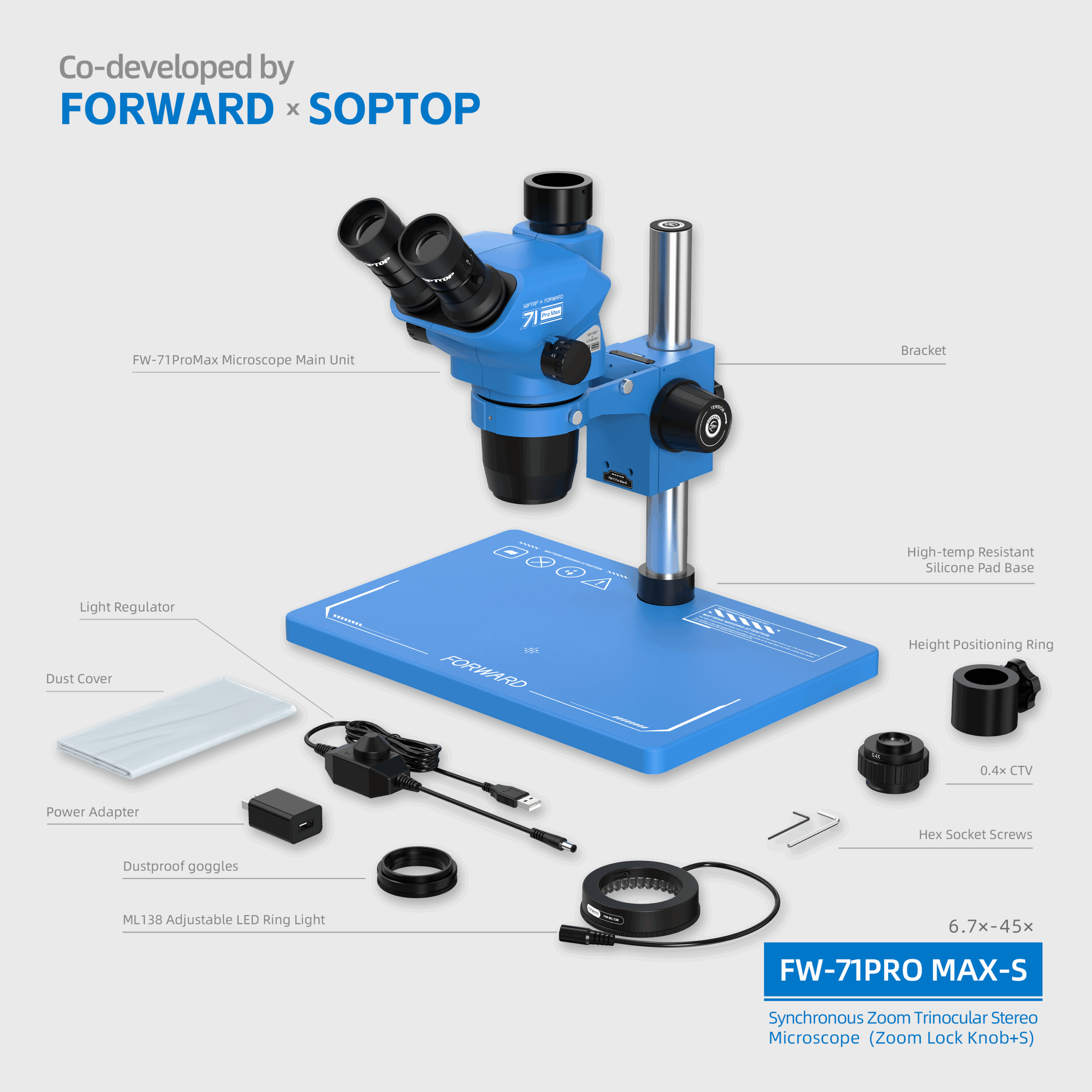 FW-71Promax-S Synchronous Zoom Trinocular Stereo Microscope (Zoom Lock Knob+Silicone Pad Base)