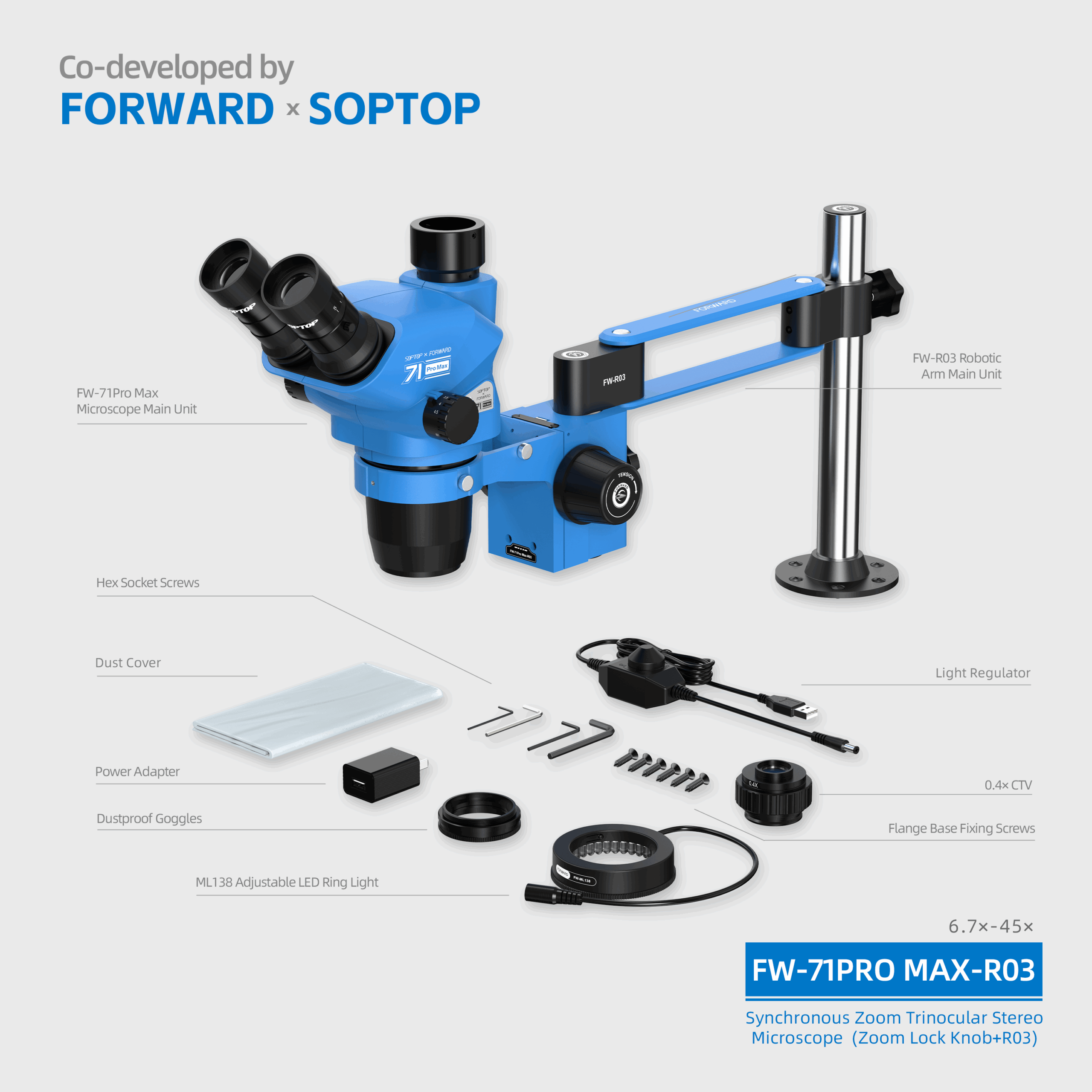 12 FW-71Pro Max-R03 Synchronous Zoom Trinocular Stereo Microscope (Zoom Lock Knob+R02)