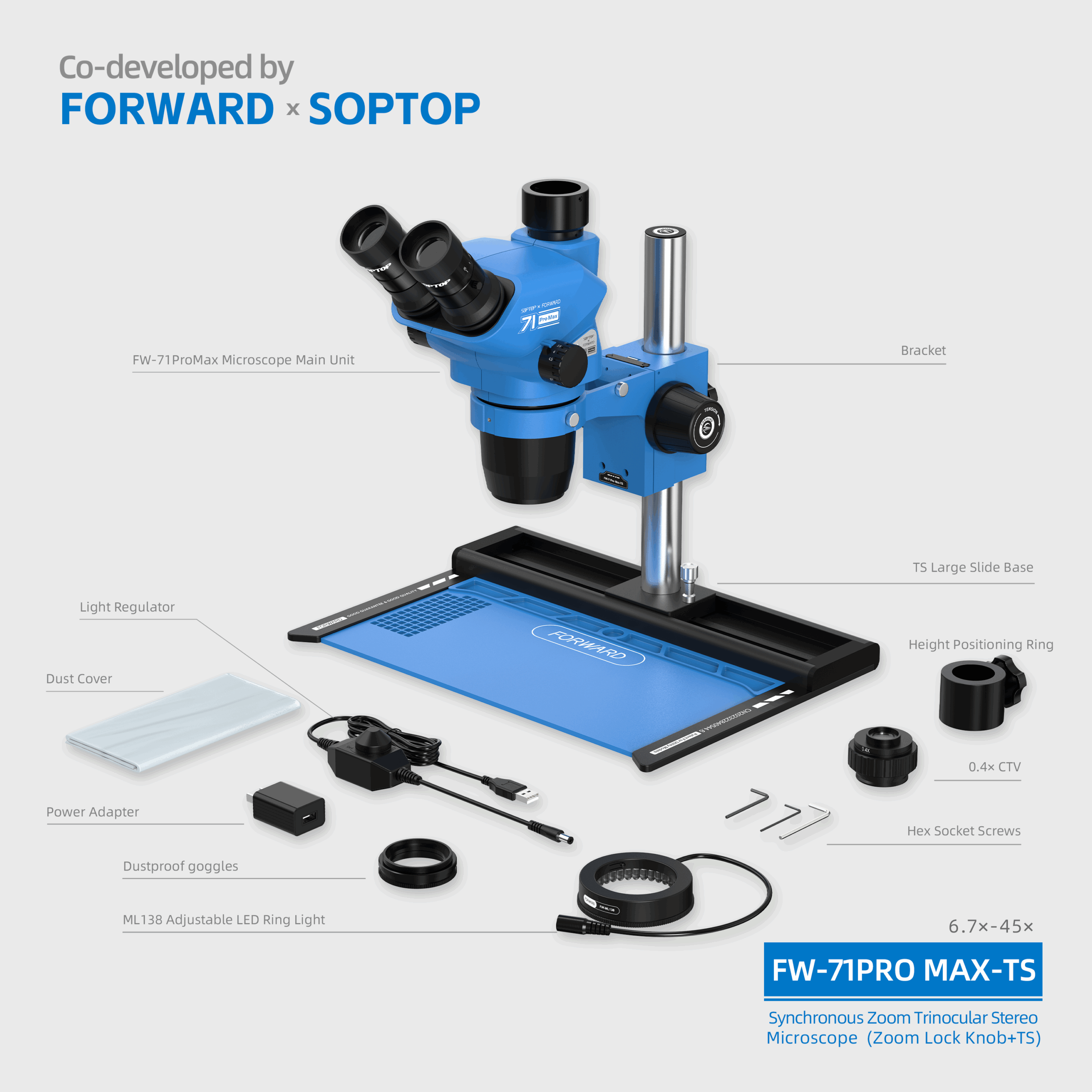 12 FW-71Pro Max-TS Synchronous Zoom Trinocular Stereo Microscope (Zoom Lock Knob+TS)