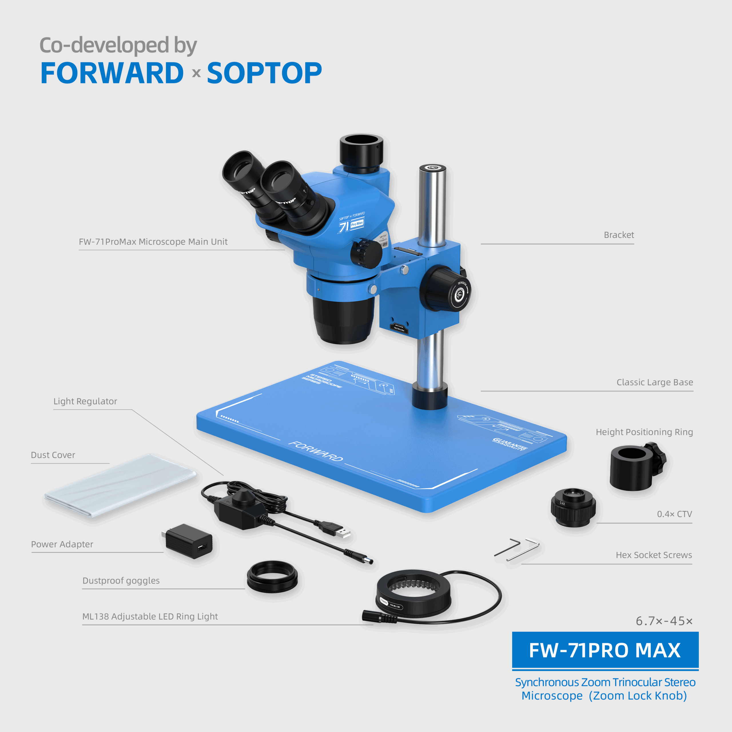12 FW-71Pro Max Synchronous Zoom Trinocular Stereo Microscope (Zoom Lock Knob)