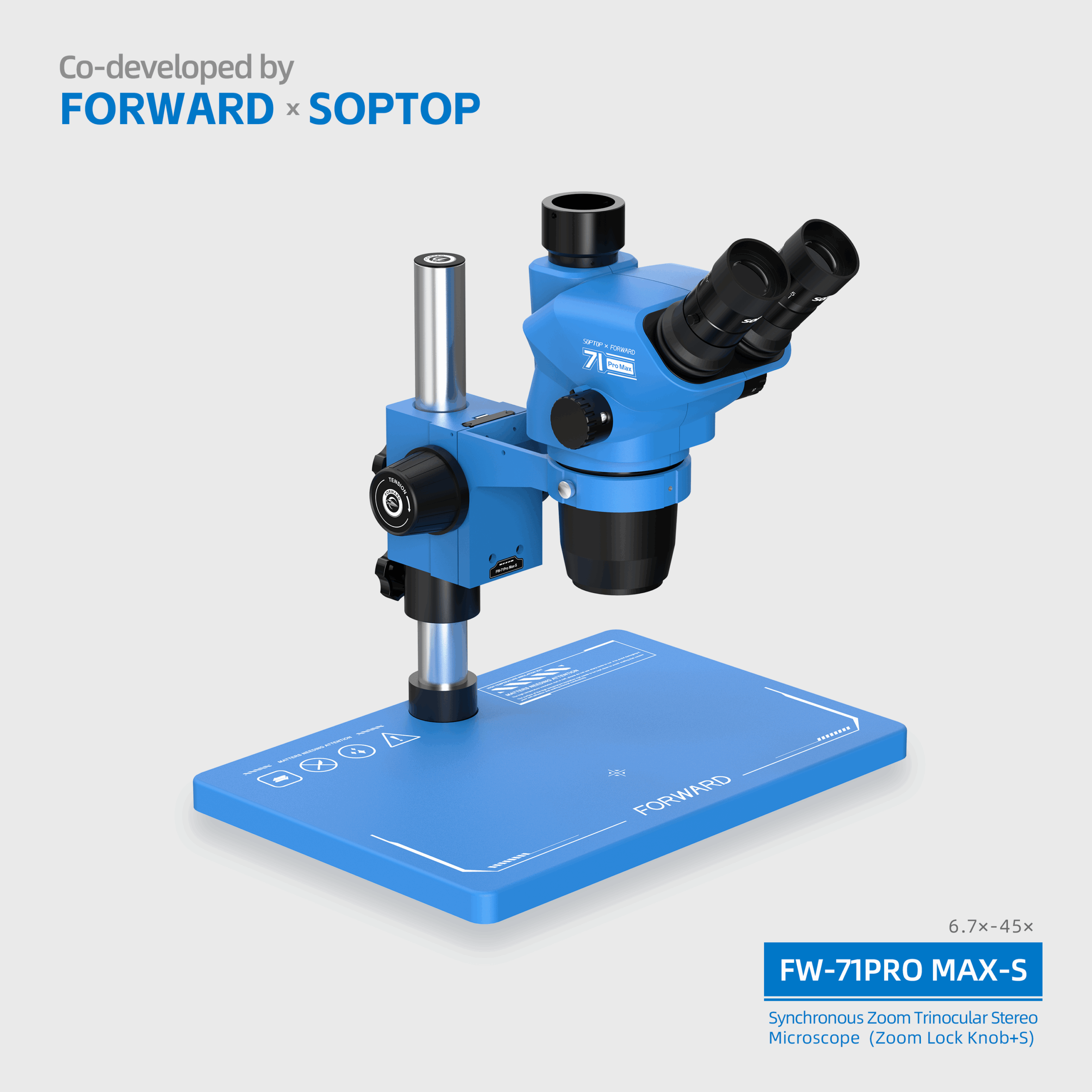 FW-71Promax-S Synchronous Zoom Trinocular Stereo Microscope (Zoom Lock Knob+Silicone Pad Base)