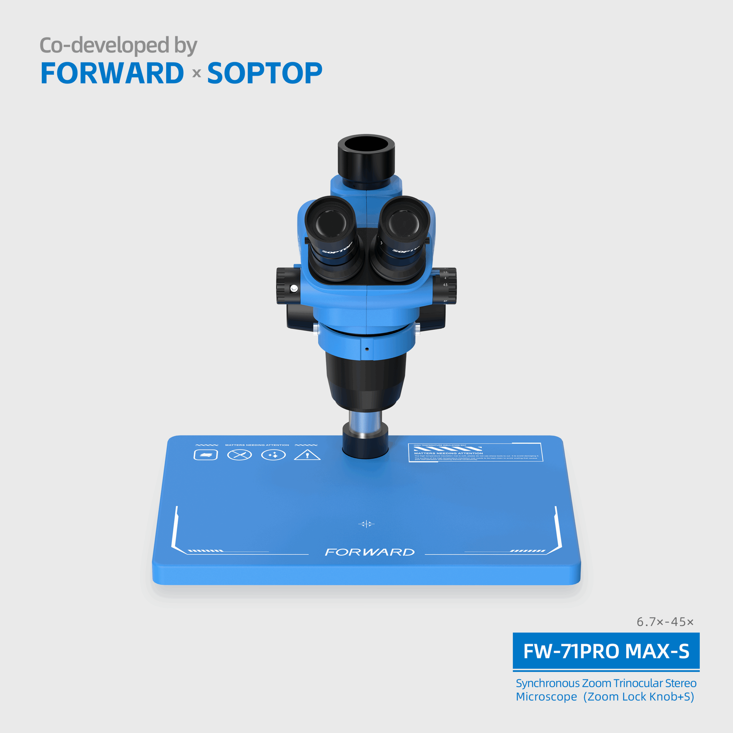 FW-71Promax-S Synchronous Zoom Trinocular Stereo Microscope (Zoom Lock Knob+Silicone Pad Base)