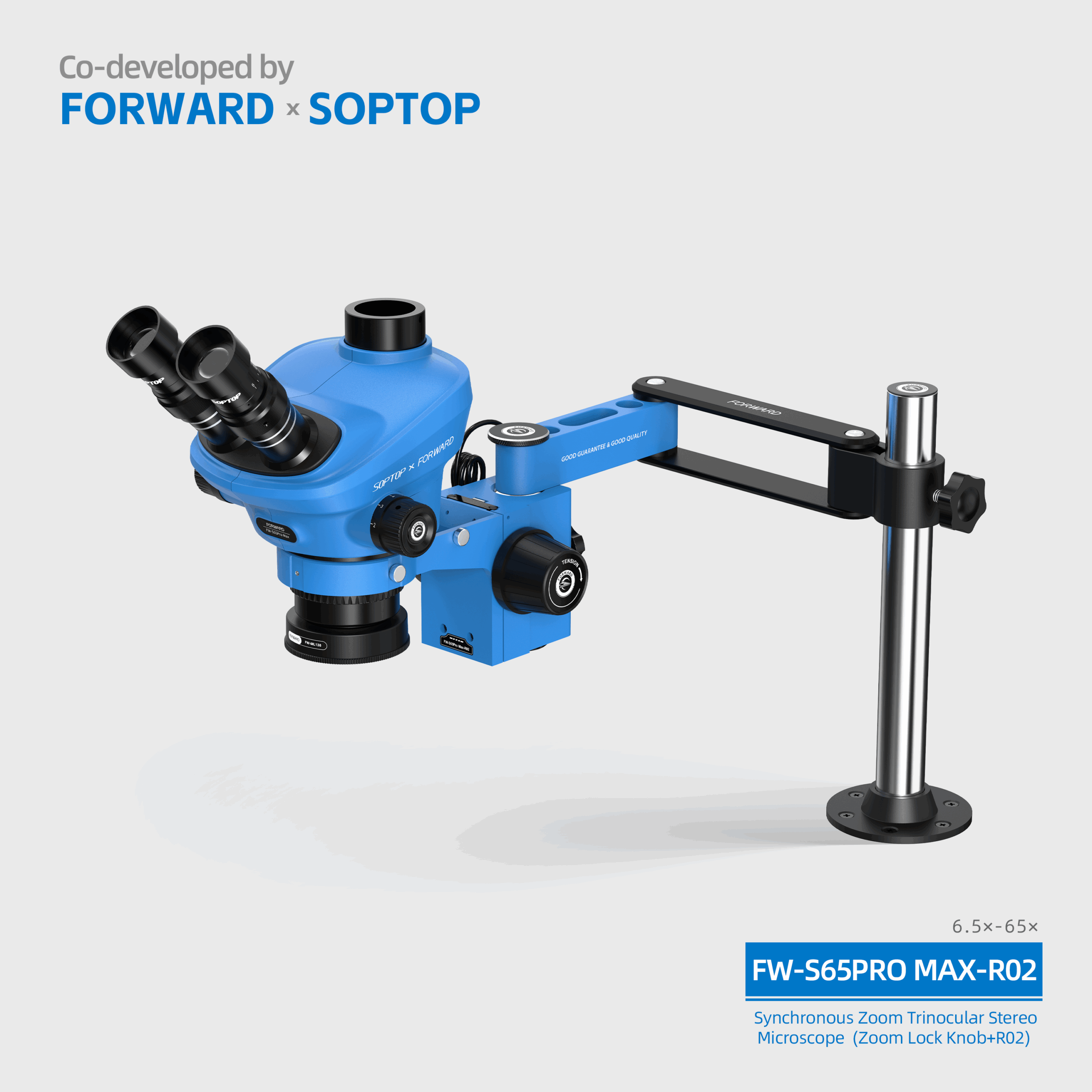 8 FW-S65Promax-R02 Synchronous Zoom Trinocular Stereo Microscope (Zoom Lock Knob+R02)